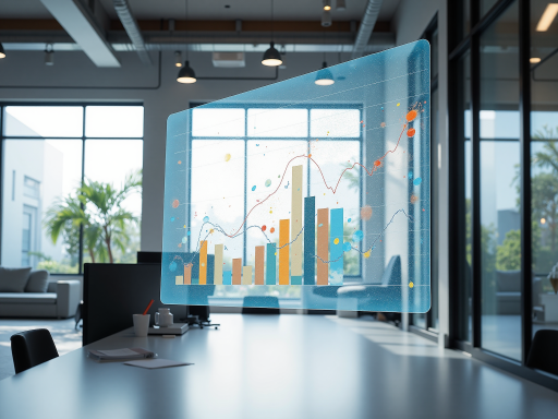 域名商业价值展示，包含数据分析图表和商业应用场景，明亮自然光背景